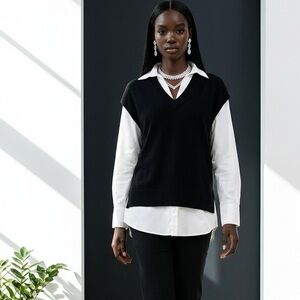 Elan Black V-Neck Sweater Over White Attached Blouse